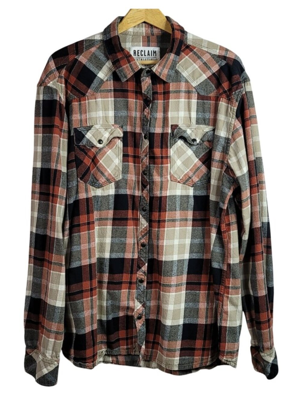 Reclaim Athletic Mens Flannel Snaps Shirt Brown 2XL Long Sleeve Plaid Pockets